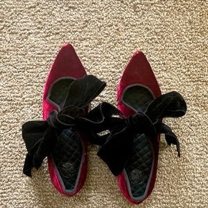 Tory Burch Maroon Velvet Bow Flats with Leather Sole